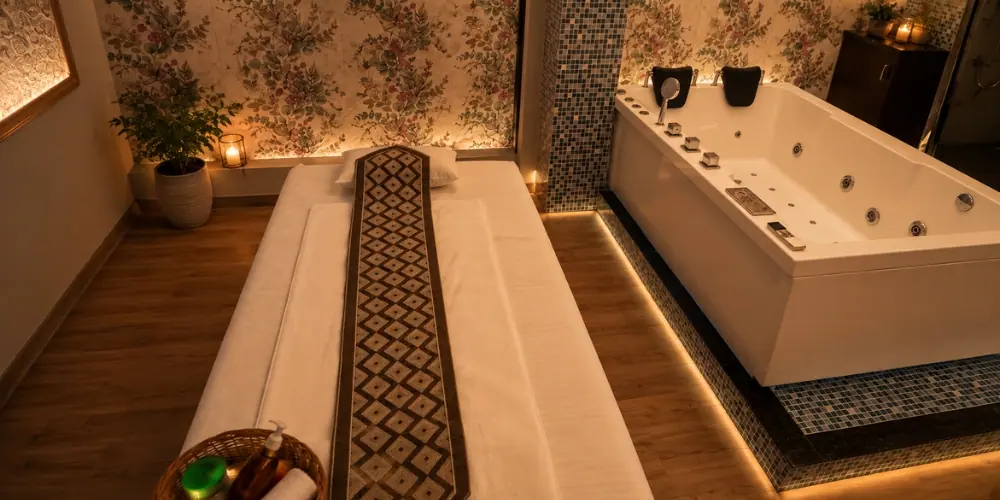 Private air-conditioned massage suite with fresh linen, Surat