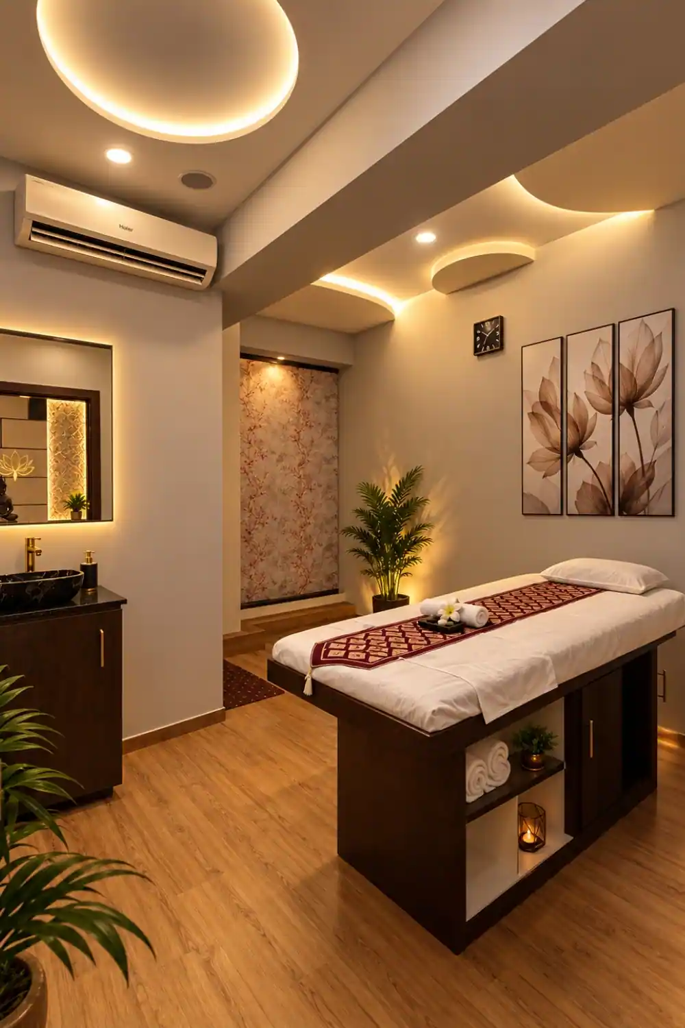 Private air-conditioned massage suite with fresh linen, Surat