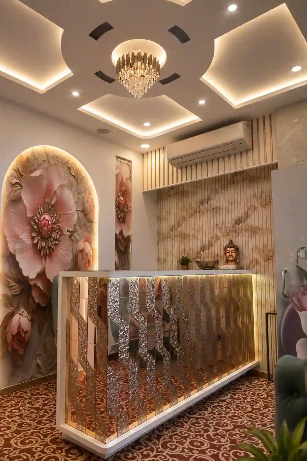 Reception desk and warm lighting at a luxury spa in Vesu, Surat